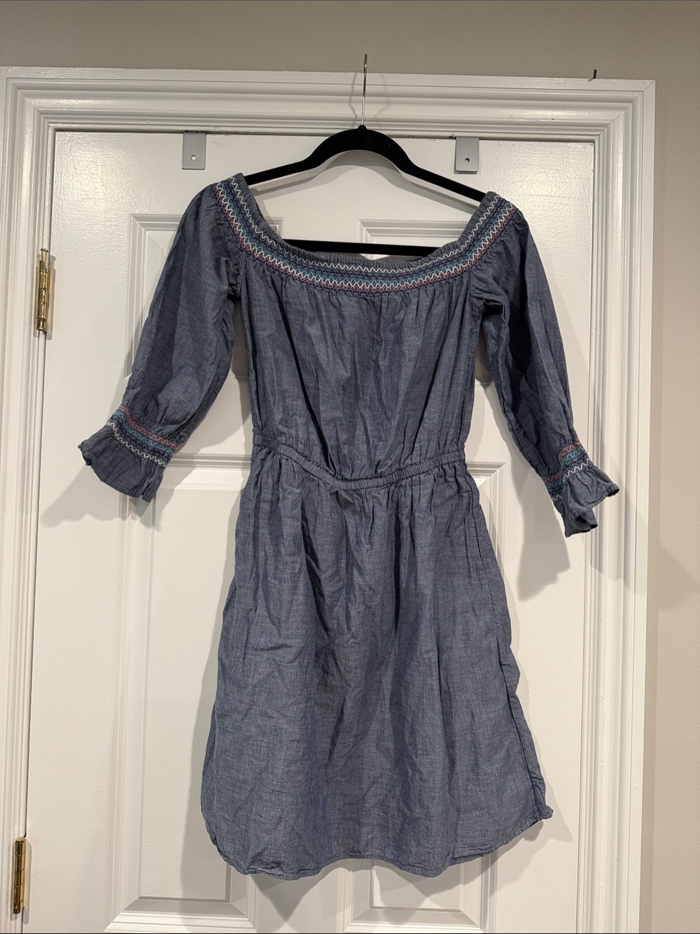 & other stories chambray Off-Shoulder Dress with Embroidered Trim